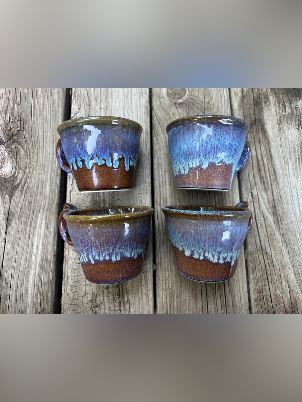 Set of 4 Handmade Ceramic Mugs with brown and blue glaze drip effect